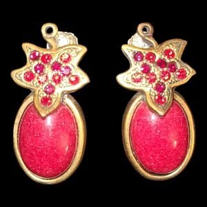 Vintage 1/20th 14K Gold Filled Screw Back Earrings Red Cabochon & Rhinestones
